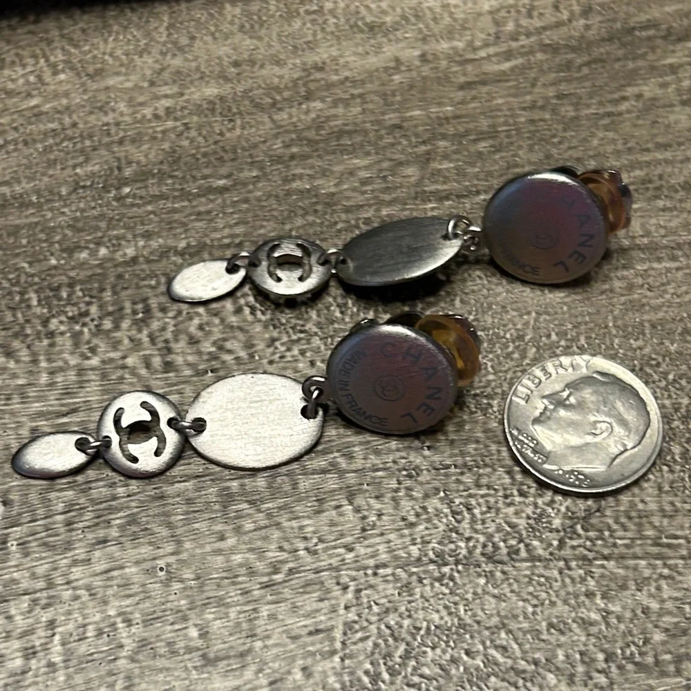 229. CHANEL (Clip)Oval Drop Matte Silver Logo Earrings w/coa - Picture 6 of 8
